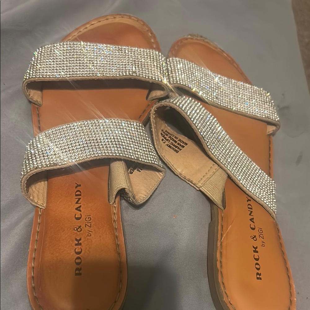 Rock & Candy Silver Tan Sandals with Crystal Straps